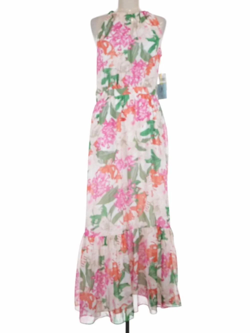 NWT CECE Floral Sleeveless Halter Tie Neck Ruffle Hem Lined Maxi Dress Size 8